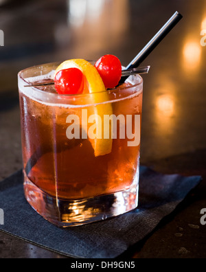 brandy old fashioned cocktail served at a bar in Milwaukee Wi. Stock Photo