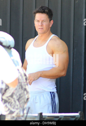 Mark Wahlberg films a chase scene for movie 'Pain and Gain' Miami Florida - 02.04.12 Stock Photo