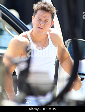 Mark Wahlberg films a chase scene for the movie 'Pain and Gain' Miami, Florida - 02.04.12 Stock Photo