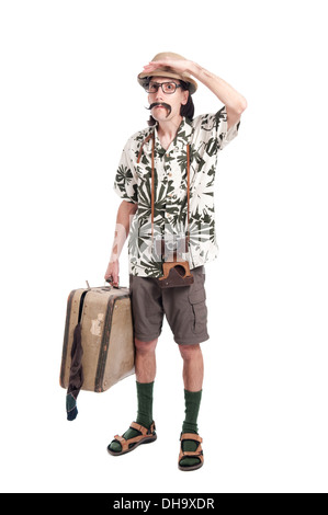 Lost funny tourist isolated on white background Stock Photo