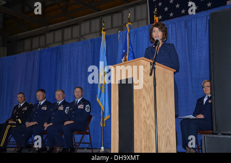 U.S. Rep. Kristi Noem, addressed South Dakota Air National Guard members and their families at the unit's hometown heroes salute ceremony. The ceremony was held to honor current and prior members of the unit and their families for their service and sacrif Stock Photo