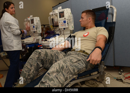 Kay Arroyo with the American Red Cross talks to U.S. Air Force Staff Sgt. Tyler Kellogg during the on-base blood drive at McEntire Joint National Guard Base of the South Carolina Air National Guard, Nov. 3, 2013. Kellogg, a fire team member with the 169th Stock Photo