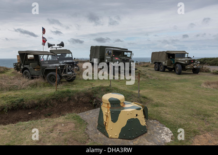 Channel Islands, Guernsey, German World War 2 coastal defense and American liberation military vehicles Stock Photo