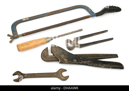 adjustable spanner with old tools isolated on the white Stock Photo