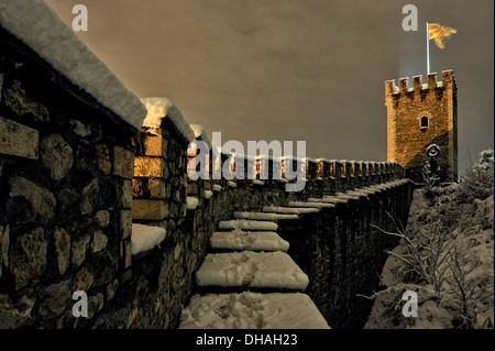 A stone fence and watchtower on one of the Kale - Skopje Macedonia Stock Photo