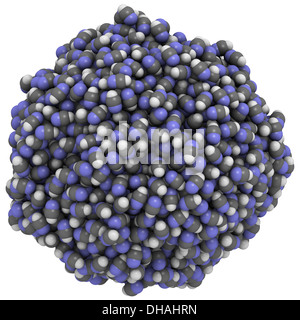 Hydrogen cyanide (HCN, prussic acid) molecules, liquid sphere model. Extremely toxic and volatile liquid. Stock Photo