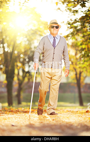 Blind mature man holding a stick and walking in a park on sunny day Stock Photo