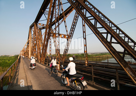 Crossing the Long BIen bridge in Hanoi. Stock Photo