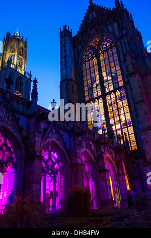 Dom Church and Dom Tower of Utrecht. Domkerk and Domtoren. St. Martin's Cathedral. Seen from the Pandhof cloisters at night. Stock Photo