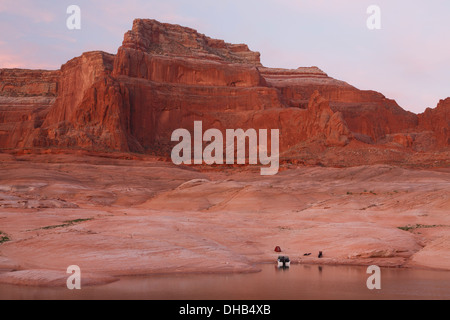 Camping in West Canyon at sunrise, Lake Powell, Glen Canyon National Recreation Area, Page, Arizona. Stock Photo