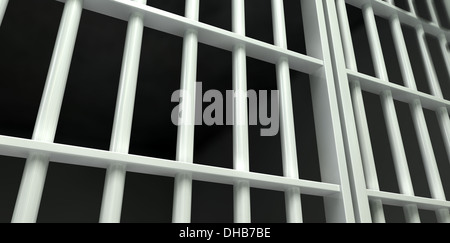 A perspective view of white iron jail cell bars and a closed sliding bar door on a dark background Stock Photo