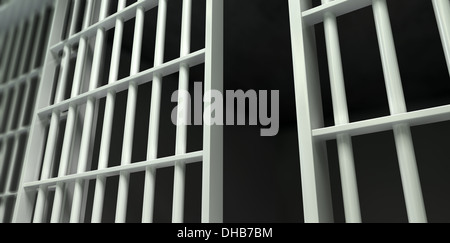 A perspective view of white iron jail cell bars and an open sliding bar door on a dark background Stock Photo