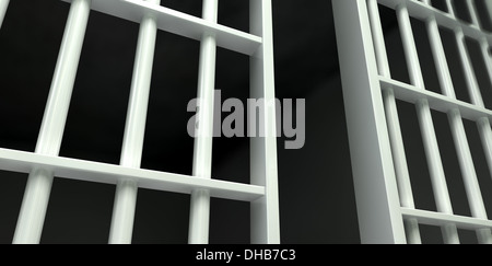 A perspective view of white iron jail cell bars and an open sliding bar door on a dark background Stock Photo