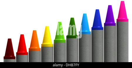 A spectrum of colorful wax crayons in a row on an isolated white ...