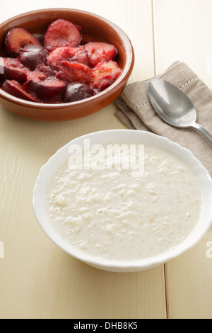 Rice Pudding with plum compote Stock Photo