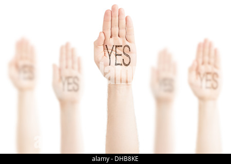 Hands raised to the sky on a white background, expression of consent. On the palms there is an inscription — "Yes". Stock Photo
