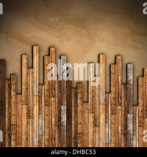 mahogany wooden parquet mounting on grunge old floor Stock Photo