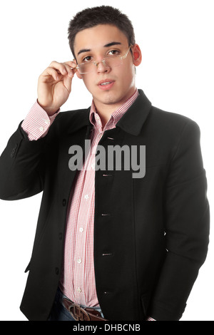 Young man in a black jacket and glasses Stock Photo