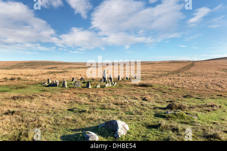 Stone Circle and Stone Row alignment at Down Tor on Dartmoor National Park in Devon also known as Hingston Hill Stock Photo