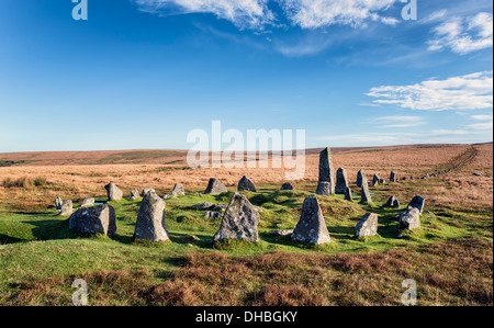 Stone Circle and Stone Row alignment at Down Tor on Dartmoor also known as Hingston Hill Stock Photo