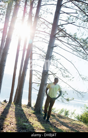 Lakeside.  A man standing in the shade of pine trees in summer. Stock Photo
