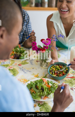A group of women and men at a meal in a farmhouse kitchen. Stock Photo