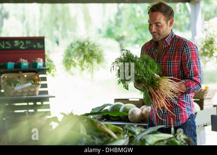 A farm stand with fresh organic vegetables and fruit.  A man holding bunches of carrots. Stock Photo