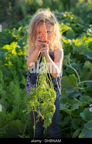 A young girl with long red curly hair outdoors in a garden, holding freshly picked carrots. Stock Photo