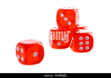 Five used red dices studio shot isolated on white Stock Photo