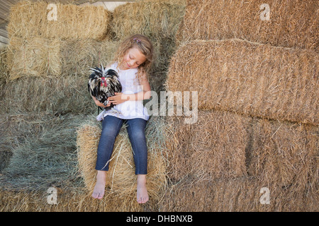 Young girl sitting on a hay bale, holding a chicken in her arms. Stock Photo