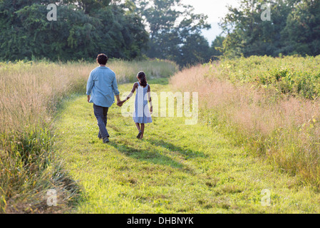 A man and a young girl walking down a mown path in the long grass holding hands. Stock Photo