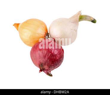 Isolated red, white and yellow onion sets (Allium cepa) ready for planting Stock Photo
