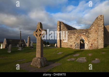 Flann's High Cross and Cathedral, Clonmacnoise Ecclesiastical Centre, established 545 - 549 by St Ciaren, County Offaly, Ireland Stock Photo