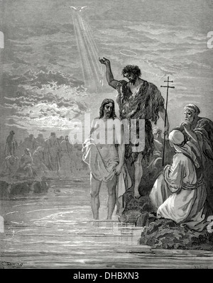 New Testament. Gospel of Matthew. Chapter III. Baptism of Jesus. Gustave Dore's drawing. Engraving by Ligny. Stock Photo