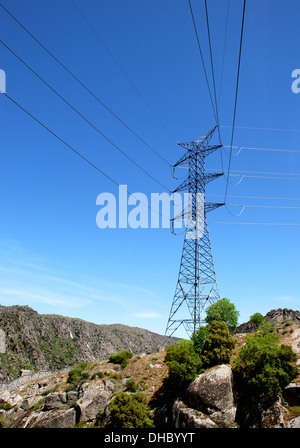 High voltage tower under blue sky and some green plants Stock Photo