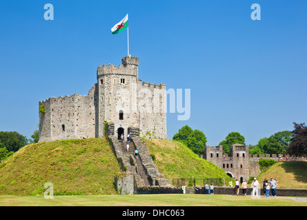 inside the grounds of Cardiff Castle with the Norman Keep flying the welsh flag Cardiff South Glamorgan Wales UK GB EU Europe Stock Photo