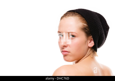 angry woman looking over her shoulder on white background Stock Photo