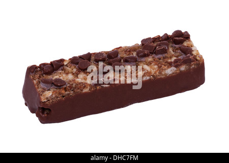 A choc chip cereal bar on a white background Stock Photo