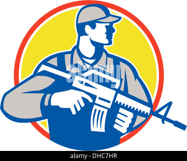 Illustration of an American soldier serviceman with assault rifle facing side looking up set inside circle on isolated white background. Stock Photo