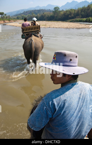 Vertical close up portrait of a local Lao mahout and tourists on an elephant trek in Laos. Stock Photo