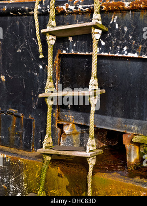 Rope and wood ladder on side of fishing boat, Fisherman's Terminal, Salmon Bay, Seattle, Washington Stock Photo