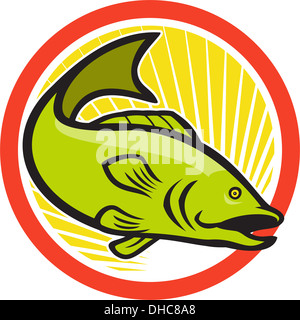 Illustration of a largemouth bass fish jumping done in cartoon style on isolated white background set inside circle Stock Photo