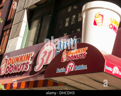 Dunkin Donuts Coffeehouse Restaurant, and Baskin Robbins Ice Cream Shop,  Front Entrance Exterior, NYC Stock Photo