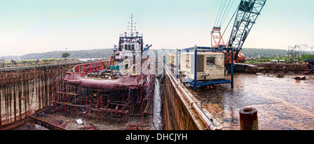 view supply boat from behind during dry dock at kemaman industries area Stock Photo