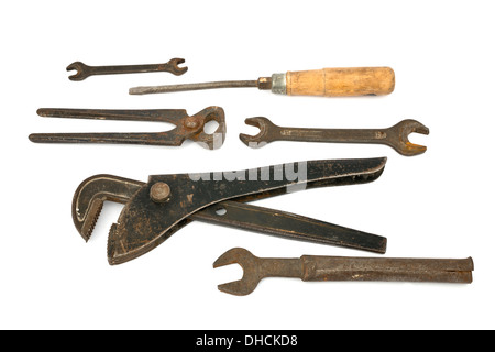 adjustable spanner with old tools isolated on the white Stock Photo
