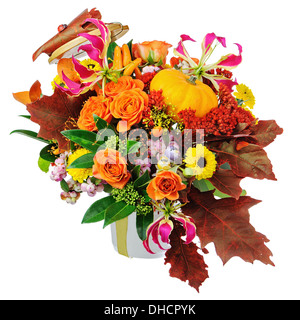 Autumn arrangement of flowers, vegetables and fruits isolated on white background. Closeup. Stock Photo