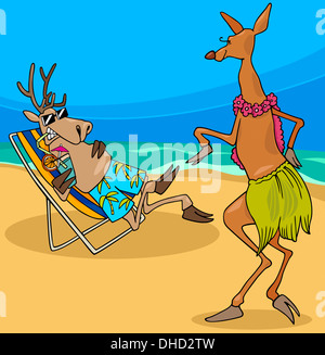 Cartoon Illustration of Cute Doe or Roe dancing Hula Dance in front of the Deer on the Beach Stock Photo