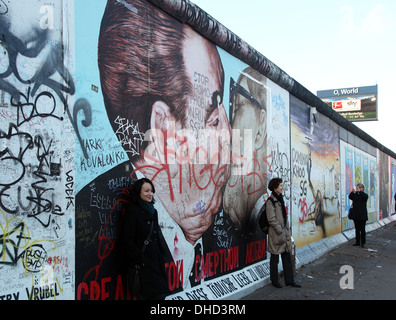Tourists pose by Dmitri Vrubel painting Bruderkuss showing Breznv and Erich Honecker kissing on the East Wall Galley Berlin