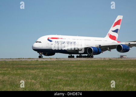 Airbus A380 with British Airways livery on runway at Manston Airport, Kent, England, UK Stock Photo