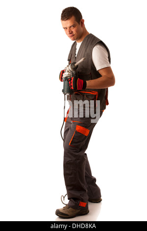 Construction worket with drilling machine isolated over white background Stock Photo